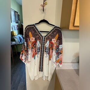 Rose + Olive V Neck front & back Scarf Floral Blouse Top Pullover 1X